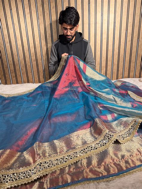 Dhoop Chaon Rare German Blue Shade Tissue Silk Dedo Banarasi Saree