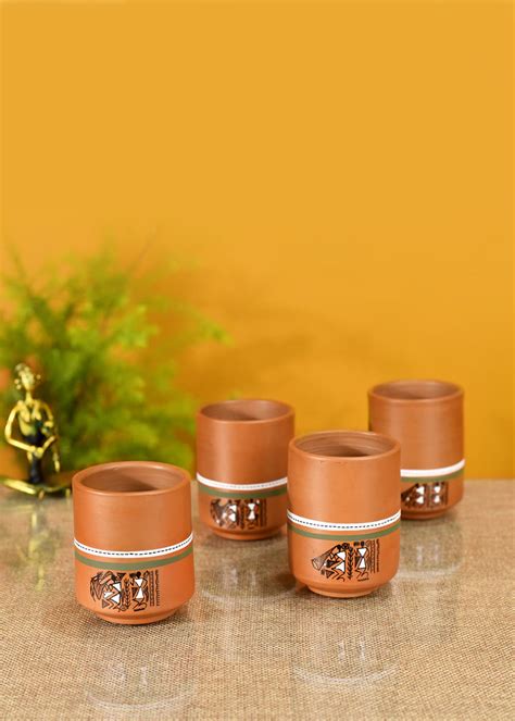 Get Handcrafted Earthen Mugs with Tribal Motifs - Set of 4 at ₹ 1017 ...