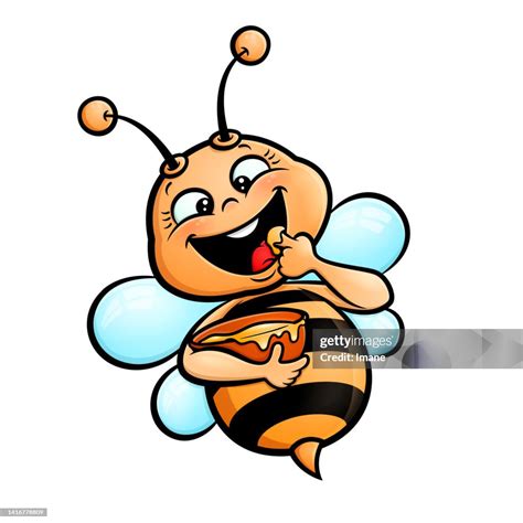 Happy Cute Bumble Bee Flying Around And Tasting Honey Vector Cartoon ...