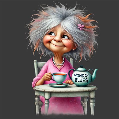 Monday Blues, Purple Watercolor Granny, Sipping Tea, Blue Teapot, Funny ...