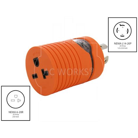 AC WORKS NEMA L14-20P to NEMA 6-20R 20-Amp 4-wire To 3-wire Grounding ...