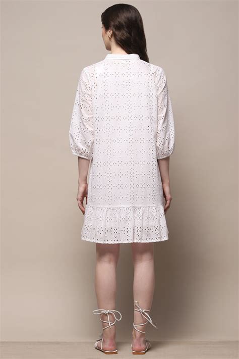 White Pure Cotton Schiffli Tiered Dress at Biba India