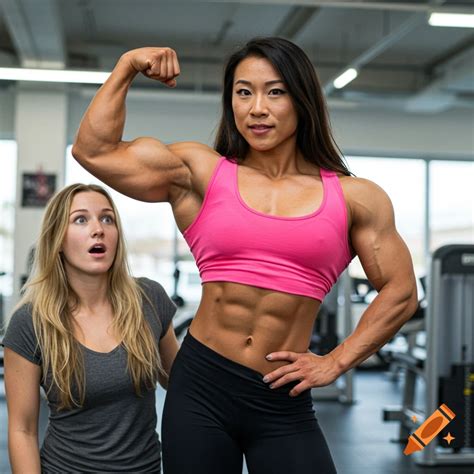 Asian female bodybuilder flexing bicep for blonde woman on Craiyon