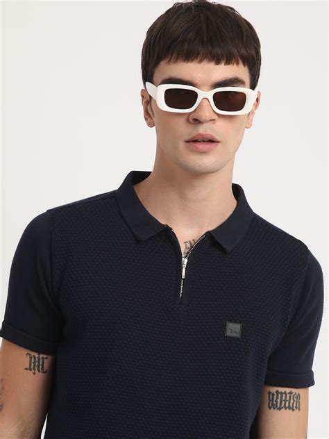 Shop Ardor Edition Men Blue Self Design Slim Fit Knitted Polo Collar T ...