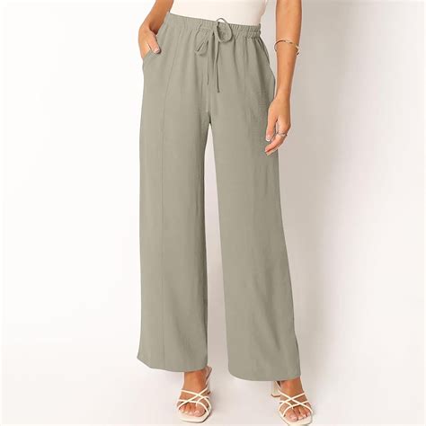 Qulqfy Womens Summer Pants Palazzo Wide Leg Baggy Gray 4 Pockets Flowy ...