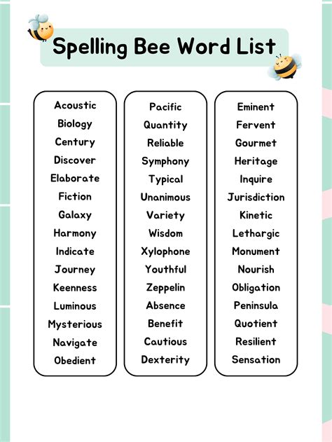 Spelling Bee Word List - Cute and Educational Printable | Learn Prints ...
