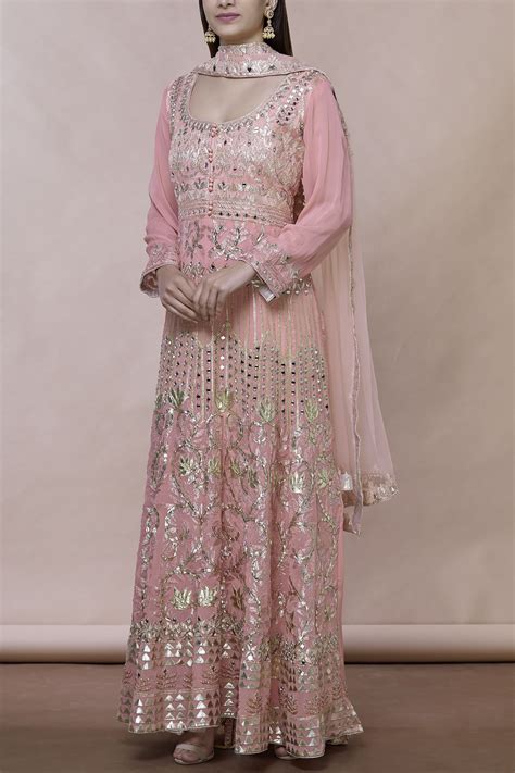 Buy Pink Georgette Round Embroidered Anarkali With Dupatta For Women by ...