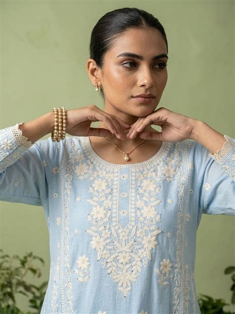 Sky Blue Cotton Thread Embroidery Three Piece Set - Neerus India