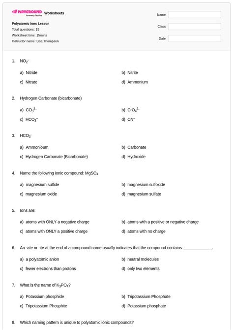 50+ Polyatomic Ions worksheets for Class 12 on Wayground | Free & Printable