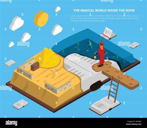 Magical world inside book isometry with treasures and sea at pages on ...