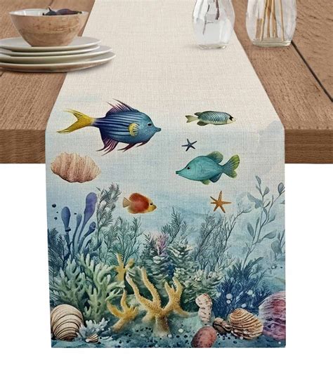 Underwater Fish Table Runner 72 Inches, Coastal Coral Starfish Retro ...