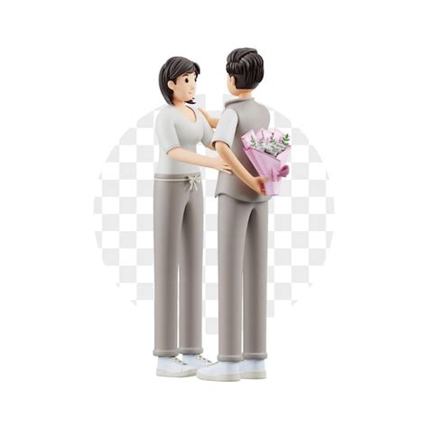 3d character couple sharing a romantic moment with flowers | Premium PSD