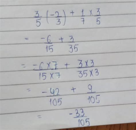 1. Simplify the following using distributive property : 3/5×(-2/3)+1/7× ...
