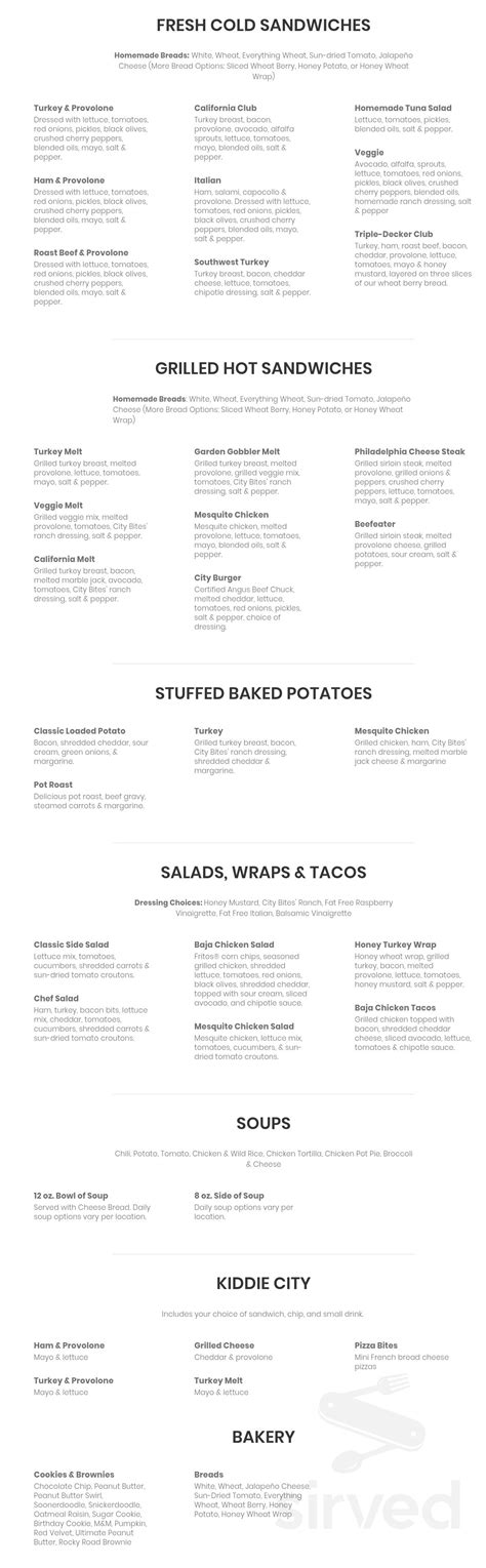 City Bites menu in Mustang, Oklahoma, USA