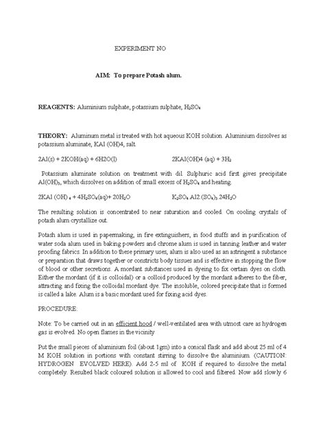 Preparation of Potash Alum: Experimental Procedure and Analysis - Studocu