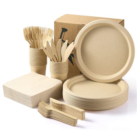 MORGIANA Disposable Tableware Set, Plastic Free Bamboo Plates, Eco Bam ...