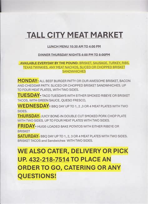 Tall City Meat Market L.L.C – Midland – Menu – Midland Menus