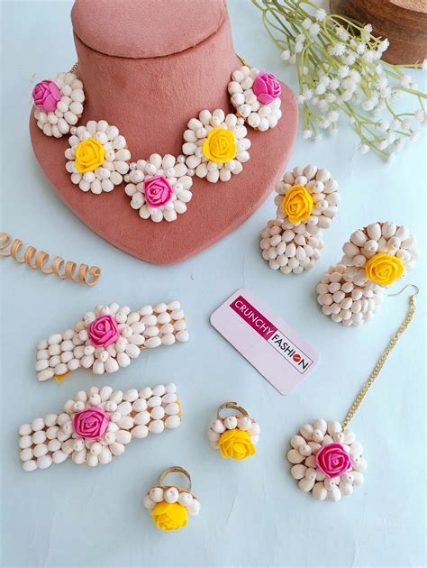 Handmade Pink-Yellow Mogra Floral Jewellery Set for Haldi, Mehndi