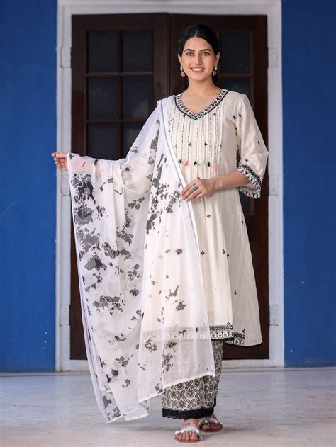 Off-White & Black Cotton Dobby Pleated Embroidered Kurta Palazzo Set ...