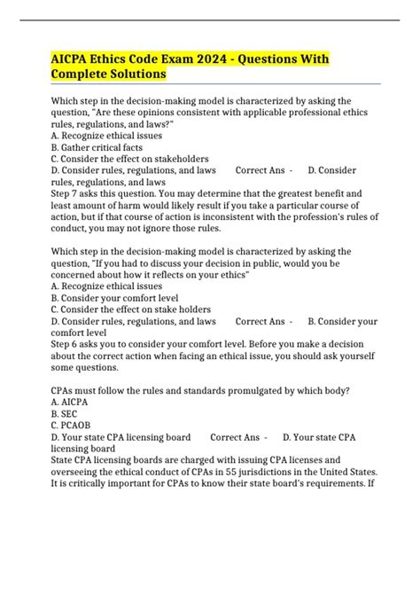 AICPA Ethics Code Exam 2024 - Questions With Complete Solutions - AICPA ...