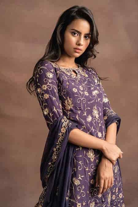 Buy Purple Kasturi Crepe Round Embroidered Kurta Palazzo Set For Women ...