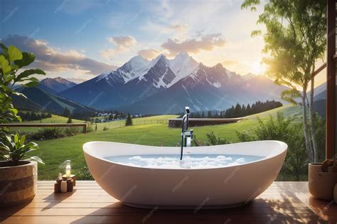 Premium AI Image | Outdoor bath tub with beautiful mountain view background