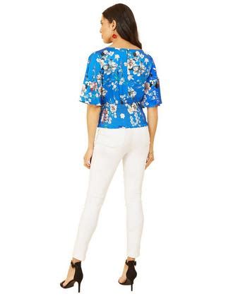 Yumi Floral Angel Sleeve Satin Top, Blue