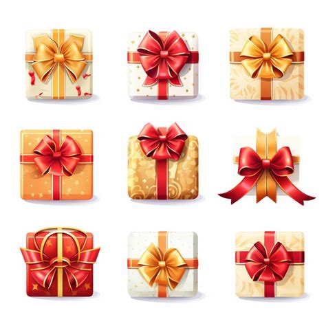 Set of icons beautiful new year bows on boxes of different shapes ...