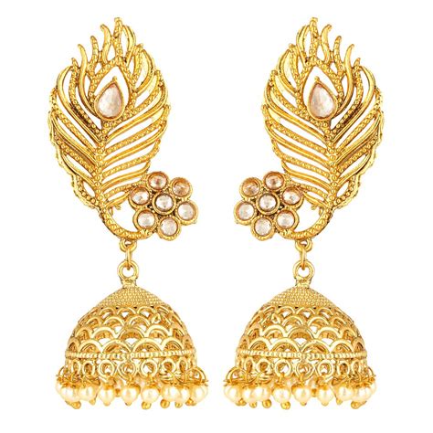 Yellow Chimes Peacock Feather Design Pearl Drops Kundan Jhumki ...
