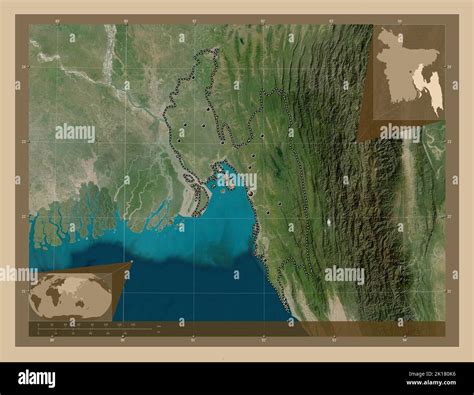 Chittagong, division of Bangladesh. Low resolution satellite map. Locations of major cities of ...