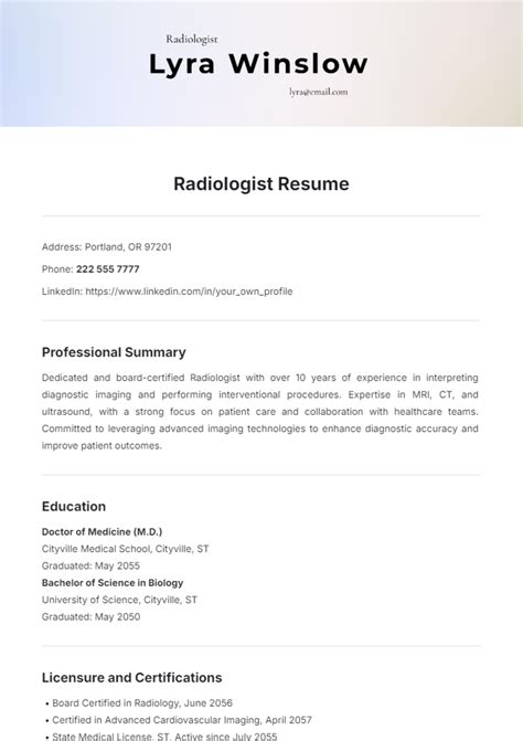 Free Radiologist Resume Template to Edit Online