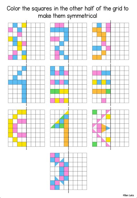 Symmetry Art Math Worksheets, Pattern Symmetry Drawing Activities for ...