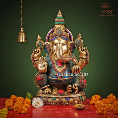 Lord Ganesha Statue Sitting Brass with Stonework – Ekaa Handicrafts