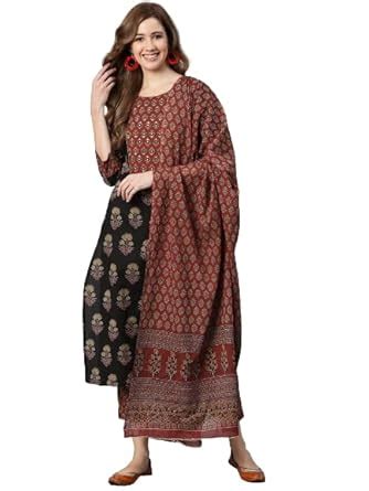 Yuris Women Black Floral Printed Regular Sequinned Pure Cotton Kurta ...