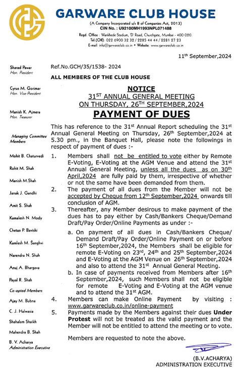 Payment of Dues - Garware Club House