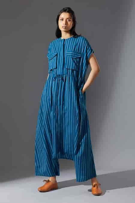 Buy Blue Cotton Striped Jumpsuit For Women by Mati Online at Aza Fashions.