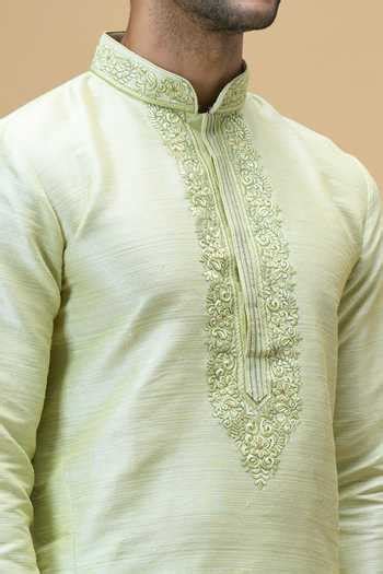 Buy Green Silk, Brocade Embroidery Thread Placket Kurta For Men by ...