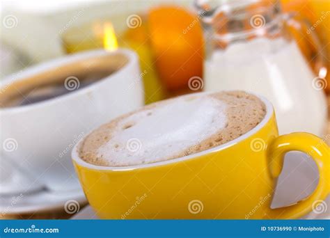 Breakfast with Coffee,milk and Orange Juice Stock Photo - Image of ...