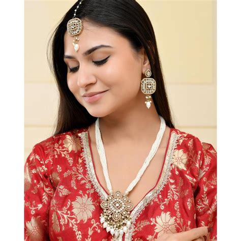 Buy VOJ Gold Plated Kundan Stone Studded Long Jewellery Set Online