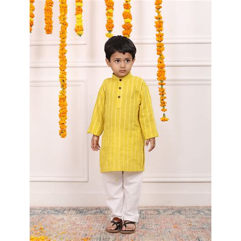 Boys Kurta Pyjama Set in Cotton - Yellow – biglilpeople