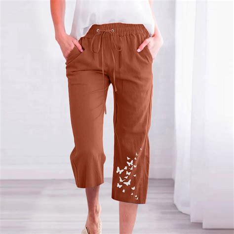 FAVIPT Womens Linen Capris Petite Linen Pants Women Drawstring Elastic ...