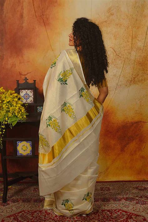 Kerala Golden Tissue Saree with Golden Shower Floral Print – Byhand