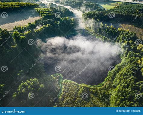 Aerial View of Foggy Lake in Autumn at Sunrise Stock Photo - Image of nature, haze: 257874814