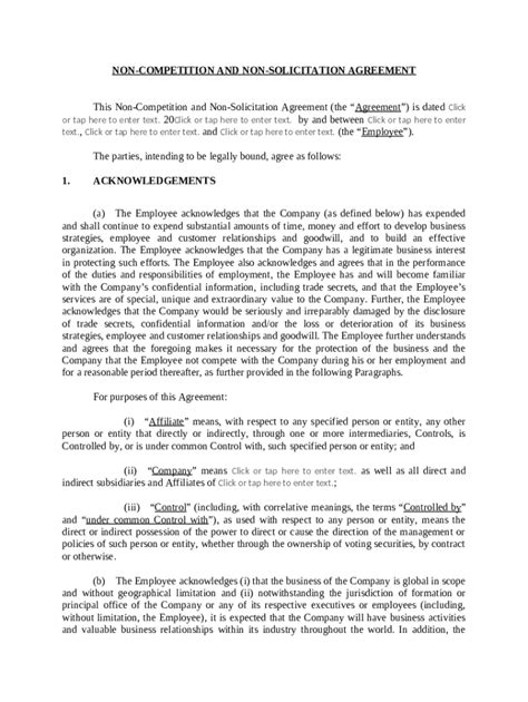 Non-Competition and Non-Solicitation Agreement - Blank Fillable ...