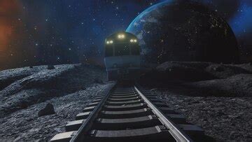 Train on a moonlit track with earth and stars in the background ...