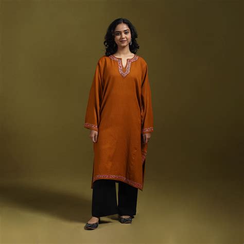 Orange Sozni Hand Embroidered Kashmiri Merino Wool Pheran