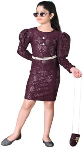 Buy Girls Bodycon Shimmer Dress with Puff Sleeves, Pearl Belt, Matching ...