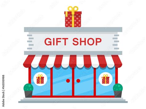 A clipart image of a colorful store with a gift in the window. #5873892