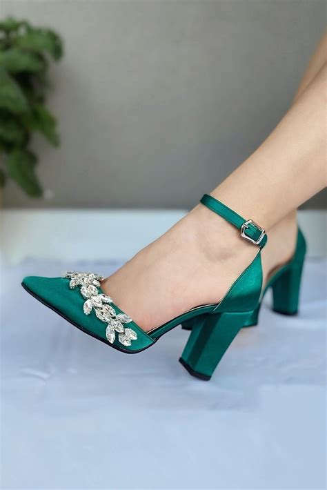 Green Block Heels, Gift for Her, Wedding Shoes, Green Heels, Emerald ...