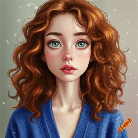 Stylized portrait of a young girl with brown hair, blue eyes, and ...